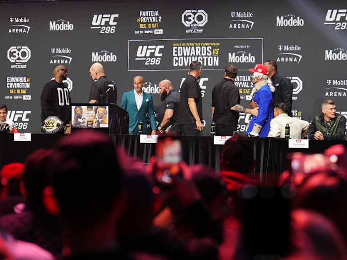 Leon Edwards and Colby Covington are separated during the UFC 296 pre-fight press conference.
